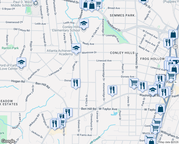 map of restaurants, bars, coffee shops, grocery stores, and more near 2800 South Clark Drive in East Point