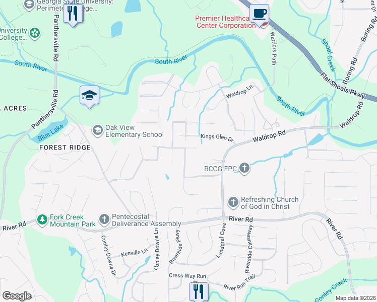 map of restaurants, bars, coffee shops, grocery stores, and more near 3328 Waldrop Farms Drive in Decatur
