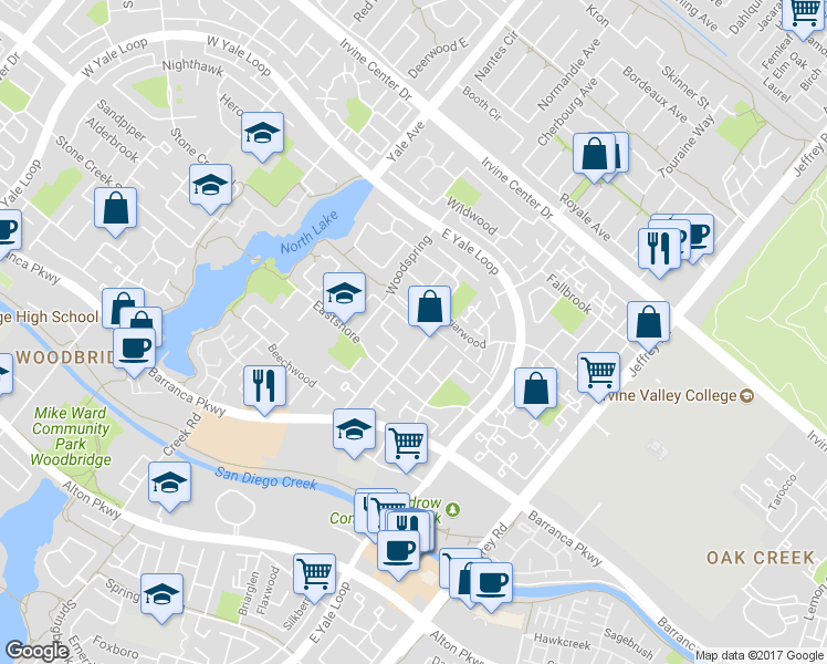 map of restaurants, bars, coffee shops, grocery stores, and more near 24 Northgrove in Irvine