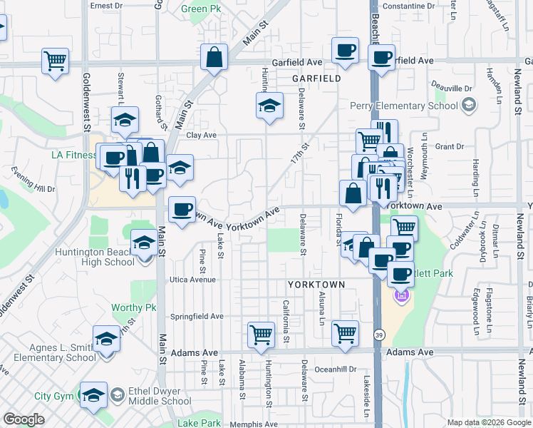 map of restaurants, bars, coffee shops, grocery stores, and more near Yorktown Ave & Huntington St in Huntington Beach