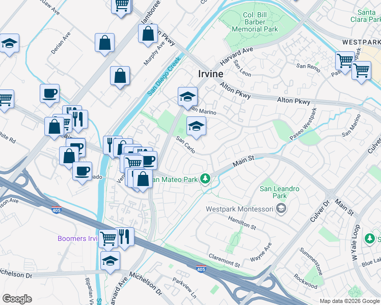 map of restaurants, bars, coffee shops, grocery stores, and more near 18 Laconia in Irvine