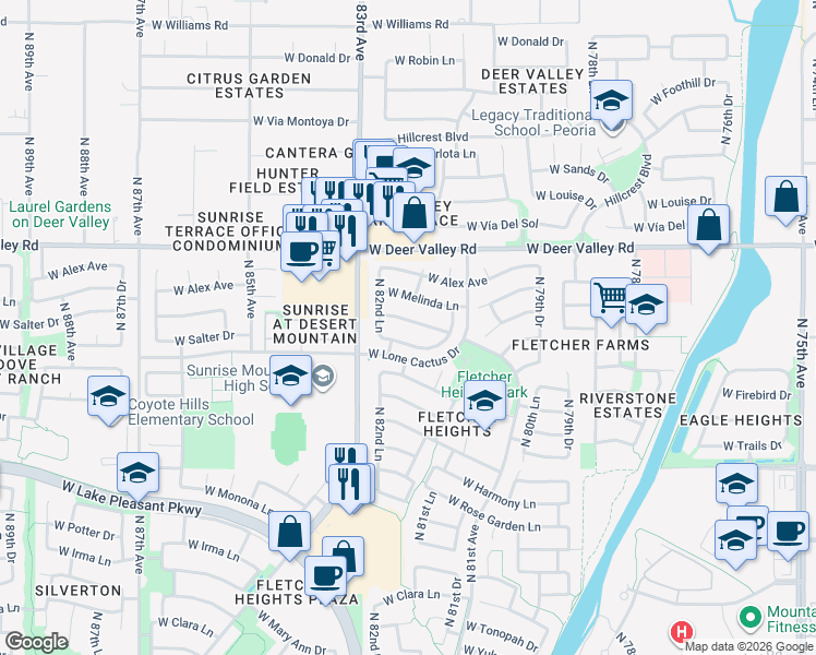 map of restaurants, bars, coffee shops, grocery stores, and more near 8218 West Salter Drive in Peoria