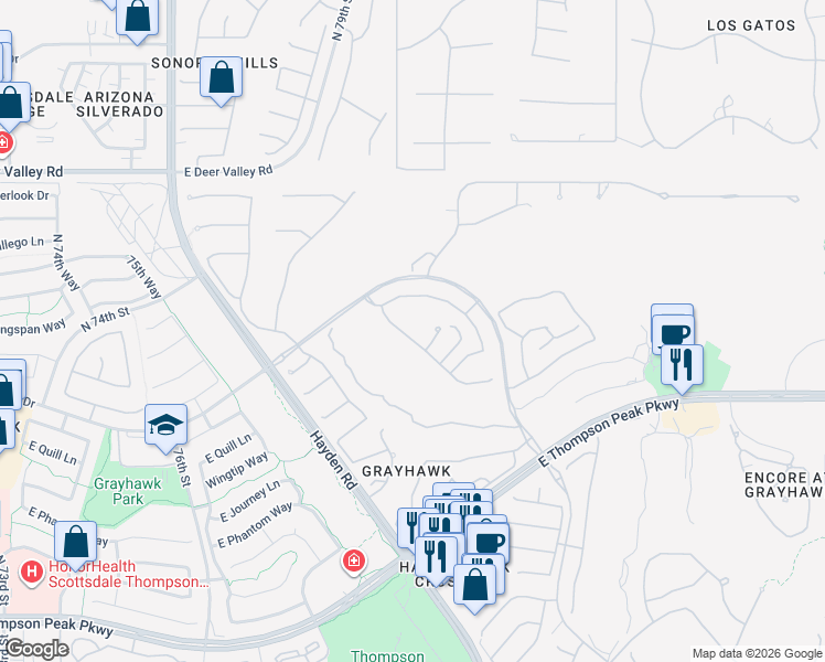 map of restaurants, bars, coffee shops, grocery stores, and more near 7994 East Wingspan Way in Scottsdale