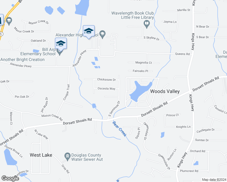 map of restaurants, bars, coffee shops, grocery stores, and more near 6441 Osceola Way in Douglasville