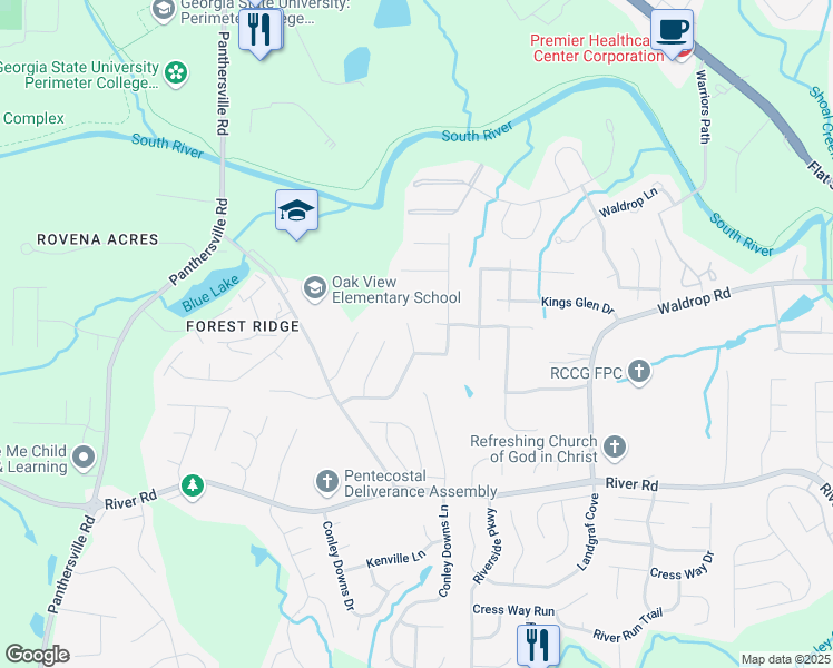 map of restaurants, bars, coffee shops, grocery stores, and more near 3075 Oakvale Heights in Decatur