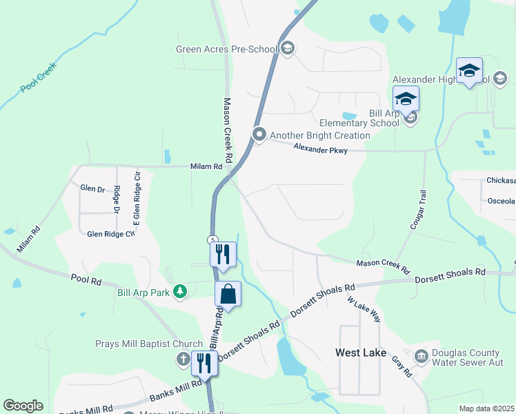 map of restaurants, bars, coffee shops, grocery stores, and more near 6928 Mason Creek Road in Douglasville