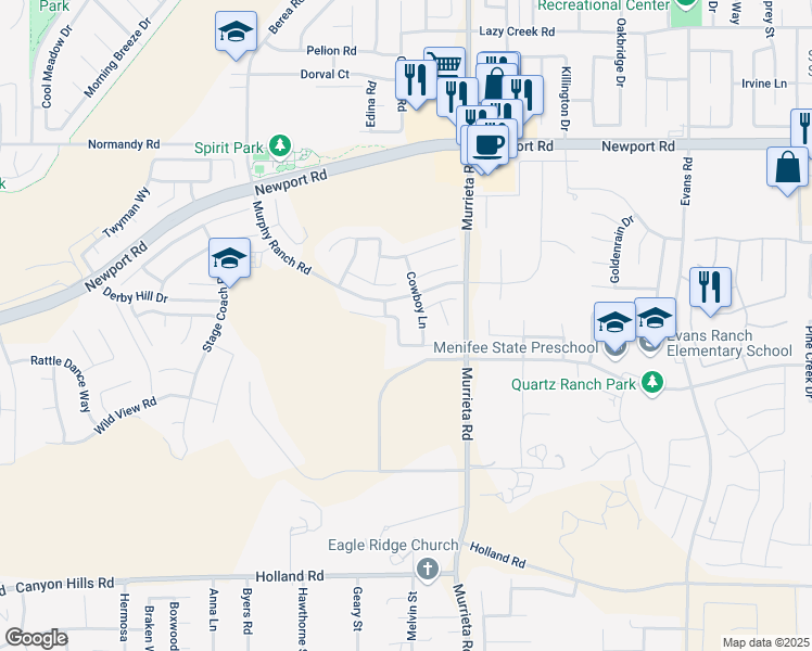 map of restaurants, bars, coffee shops, grocery stores, and more near 25822 Wilderness Way in Menifee