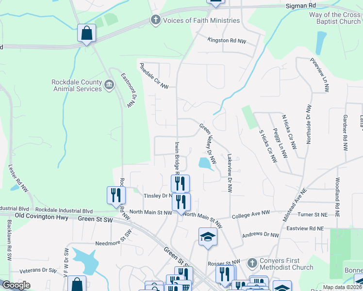 map of restaurants, bars, coffee shops, grocery stores, and more near 1103 Laurel Lane Northwest in Conyers