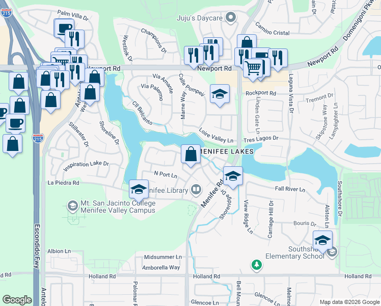 map of restaurants, bars, coffee shops, grocery stores, and more near 28706 Bridge Water Lane in Menifee