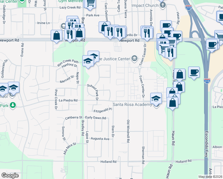 map of restaurants, bars, coffee shops, grocery stores, and more near 30364 Twain Drive in Menifee