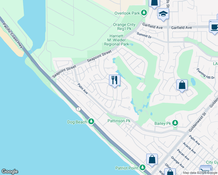 map of restaurants, bars, coffee shops, grocery stores, and more near 6185 Greenbrier Drive in Huntington Beach
