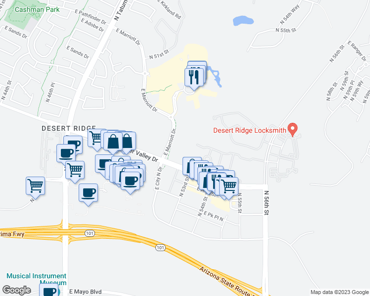 map of restaurants, bars, coffee shops, grocery stores, and more near 5450 East Deer Valley Drive in Phoenix