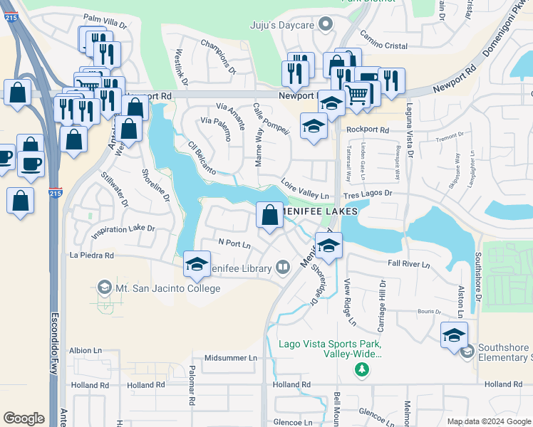 map of restaurants, bars, coffee shops, grocery stores, and more near 28700 Bridge Water Lane in Menifee