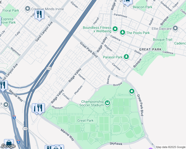 map of restaurants, bars, coffee shops, grocery stores, and more near 409 Mila in Irvine