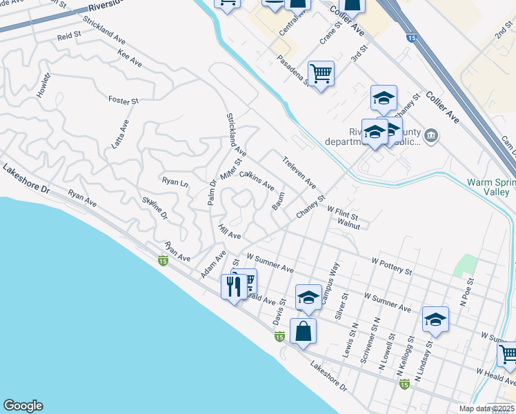map of restaurants, bars, coffee shops, grocery stores, and more near Hill Avenue in Lake Elsinore