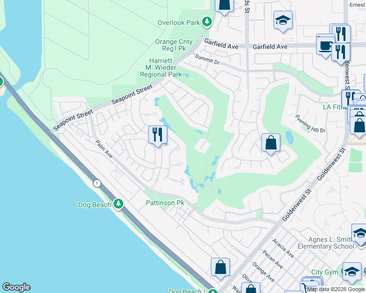 map of restaurants, bars, coffee shops, grocery stores, and more near 19466 Woodlands Drive in Huntington Beach