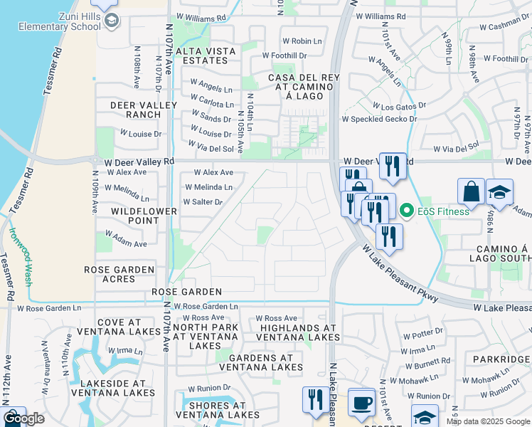 map of restaurants, bars, coffee shops, grocery stores, and more near 10440 West Lone Cactus Drive in Peoria