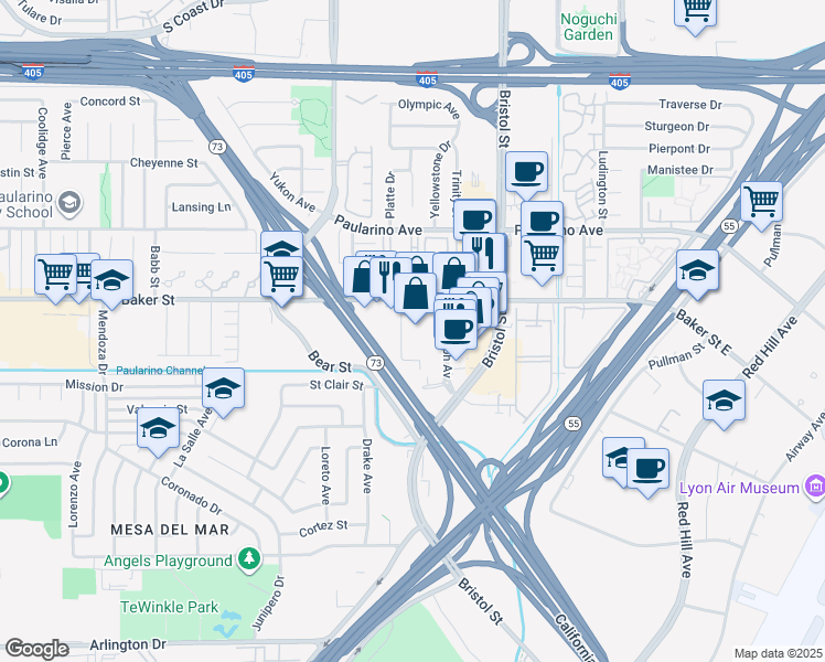map of restaurants, bars, coffee shops, grocery stores, and more near 2972 Century Place in Costa Mesa