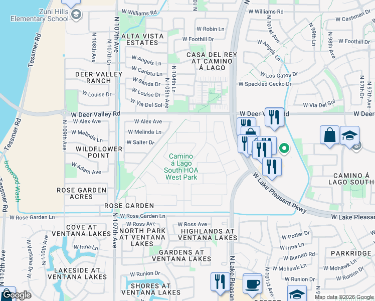 map of restaurants, bars, coffee shops, grocery stores, and more near 10434 West Lone Cactus Drive in Peoria