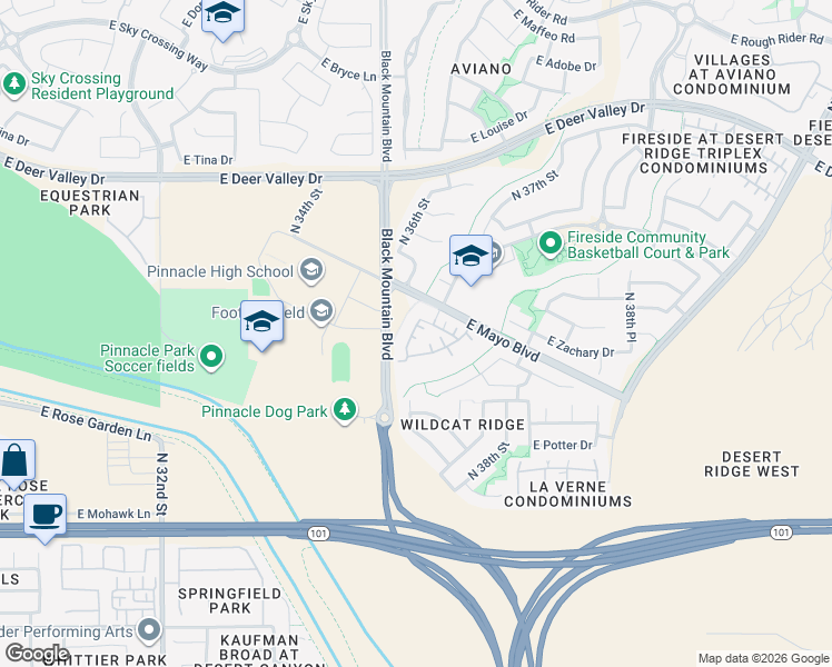 map of restaurants, bars, coffee shops, grocery stores, and more near 21221 North 36th Place in Phoenix