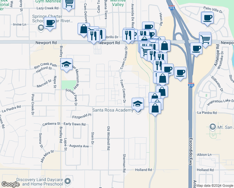 map of restaurants, bars, coffee shops, grocery stores, and more near 30432 Town Square Drive in Menifee