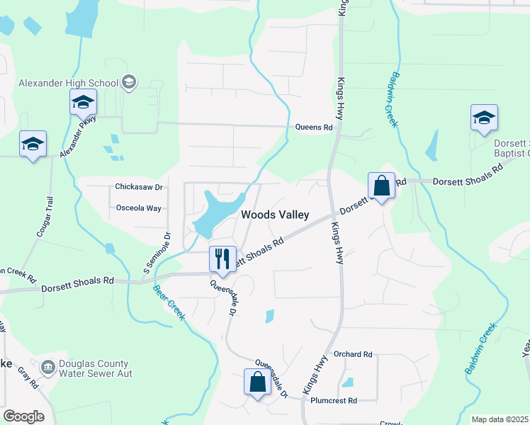map of restaurants, bars, coffee shops, grocery stores, and more near 4685 Woods Valley Drive in Douglasville