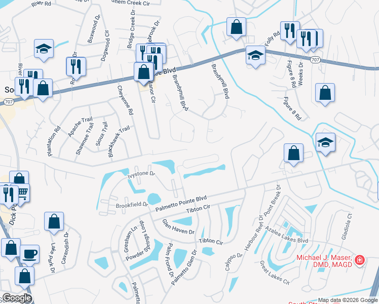 map of restaurants, bars, coffee shops, grocery stores, and more near 306 Rice Mill Drive in Myrtle Beach