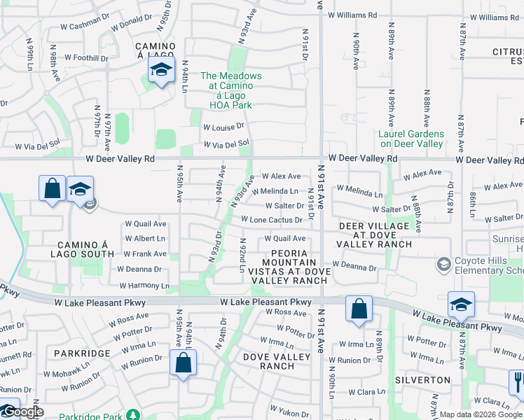 map of restaurants, bars, coffee shops, grocery stores, and more near 9220 West Salter Drive in Peoria
