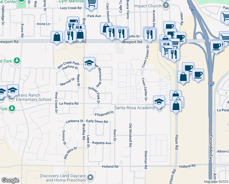 map of restaurants, bars, coffee shops, grocery stores, and more near 30364 Twain Drive in Menifee