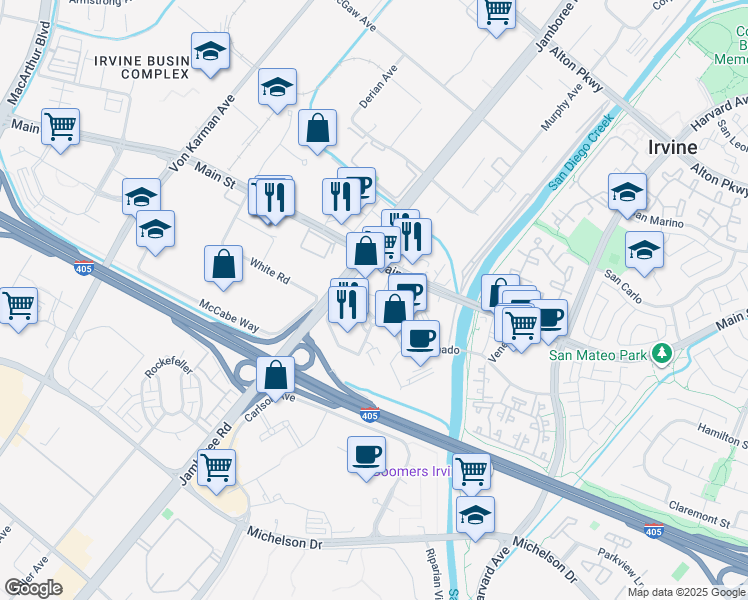 map of restaurants, bars, coffee shops, grocery stores, and more near 1 Park Plaza in Irvine