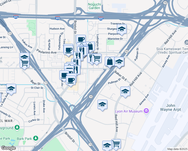 map of restaurants, bars, coffee shops, grocery stores, and more near 635 Baker Street in Costa Mesa