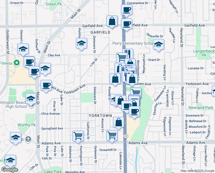 map of restaurants, bars, coffee shops, grocery stores, and more near 3 Yorktown Avenue in Huntington Beach