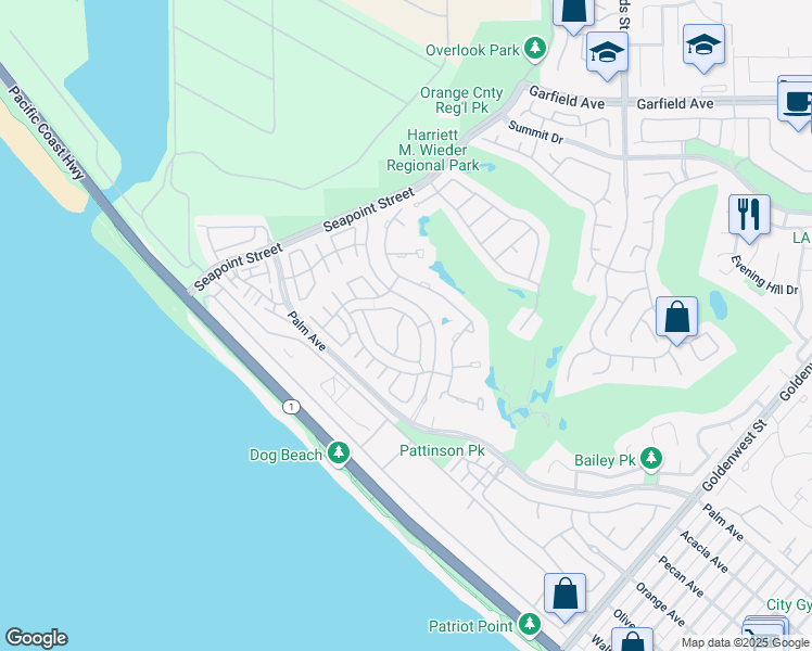 map of restaurants, bars, coffee shops, grocery stores, and more near 6185 Greenbrier Drive in Huntington Beach