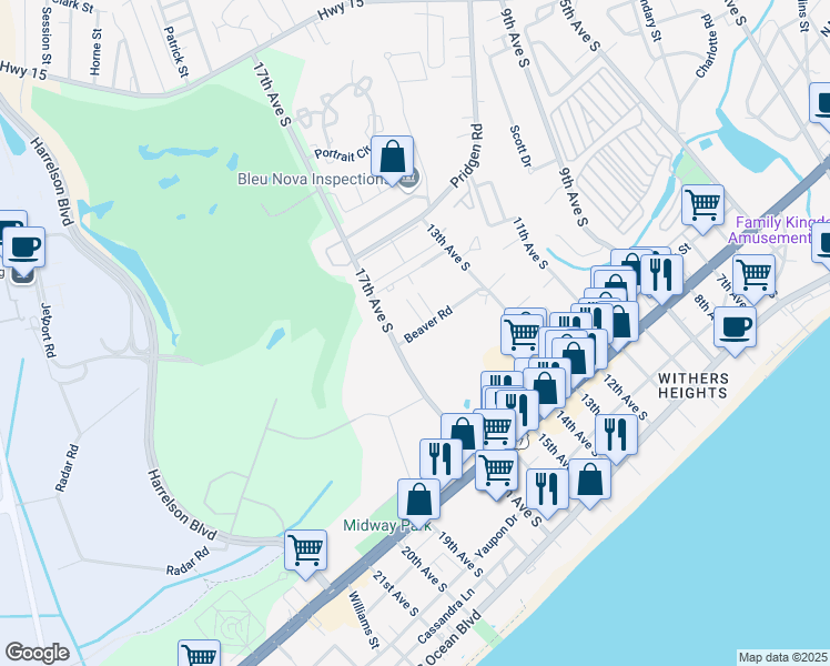 map of restaurants, bars, coffee shops, grocery stores, and more near 800 Jensen Lane in Myrtle Beach