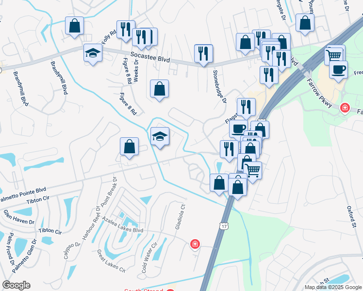 map of restaurants, bars, coffee shops, grocery stores, and more near 558 Ridge Drive in Myrtle Beach