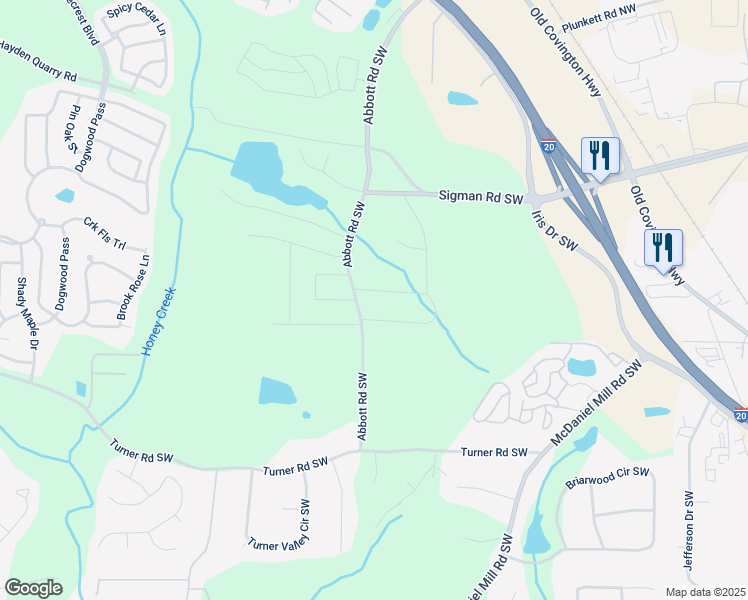 map of restaurants, bars, coffee shops, grocery stores, and more near 2588 Shady Lane Southwest in Conyers