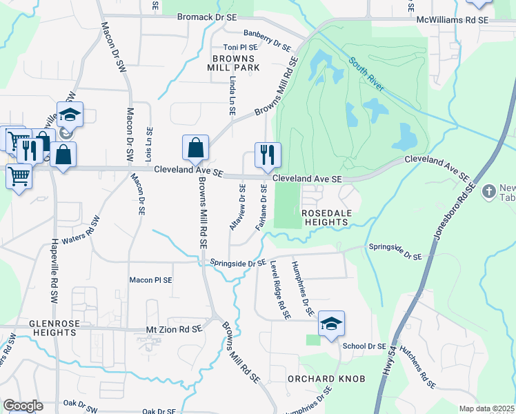map of restaurants, bars, coffee shops, grocery stores, and more near 2773 Fairlane Drive Southeast in Atlanta