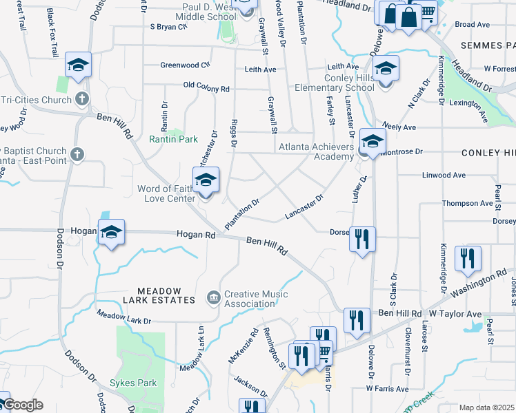 map of restaurants, bars, coffee shops, grocery stores, and more near 2792 Plantation Drive in Atlanta