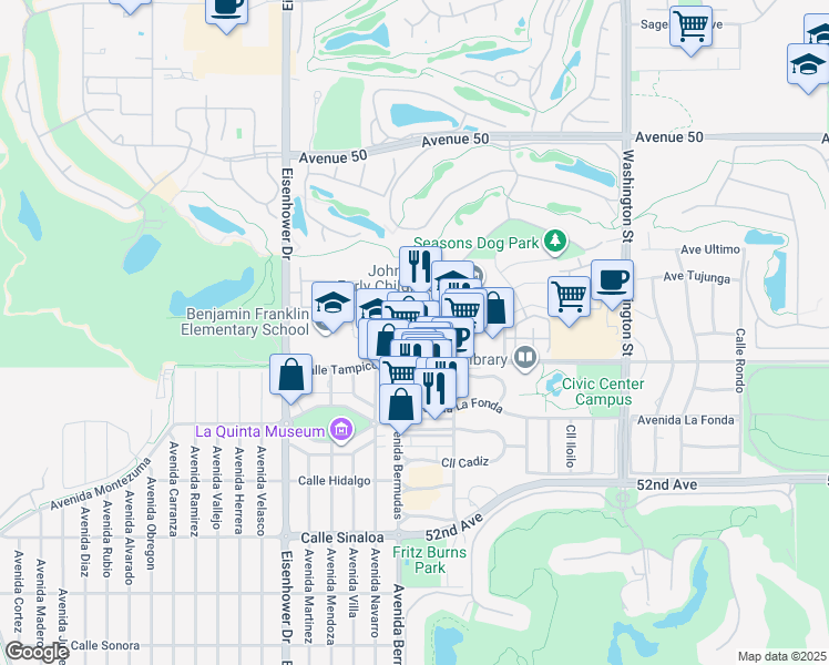 map of restaurants, bars, coffee shops, grocery stores, and more near 50730 Santa Rosa Plaza in La Quinta