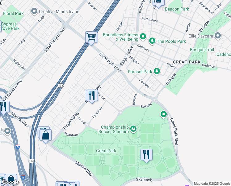 map of restaurants, bars, coffee shops, grocery stores, and more near 409 Mila in Irvine