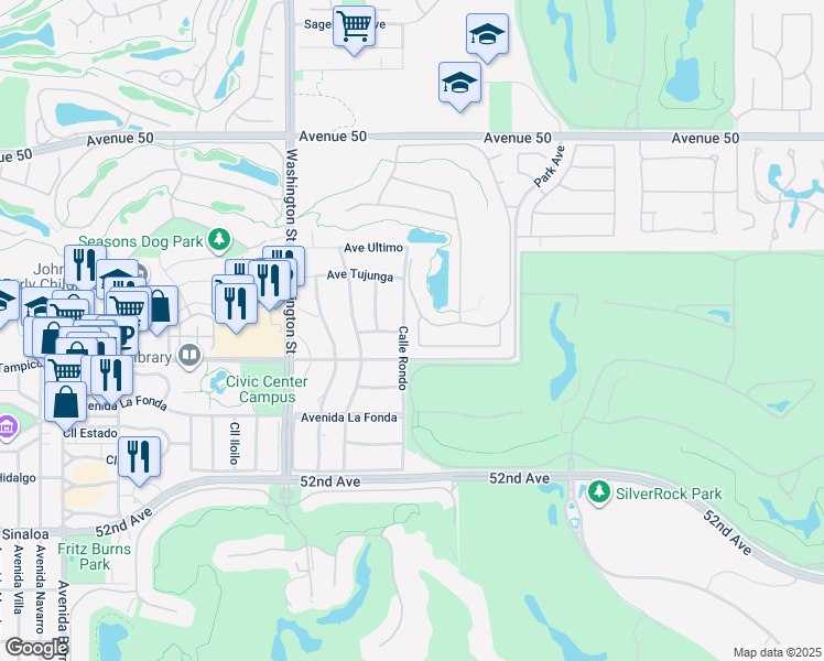 map of restaurants, bars, coffee shops, grocery stores, and more near 50825 Calle Rondo in La Quinta