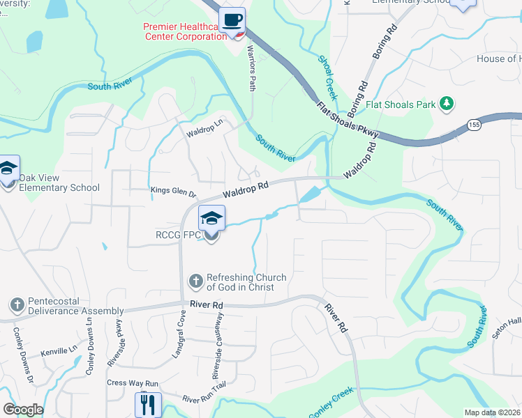 map of restaurants, bars, coffee shops, grocery stores, and more near 3426 Waldrop Road in Decatur