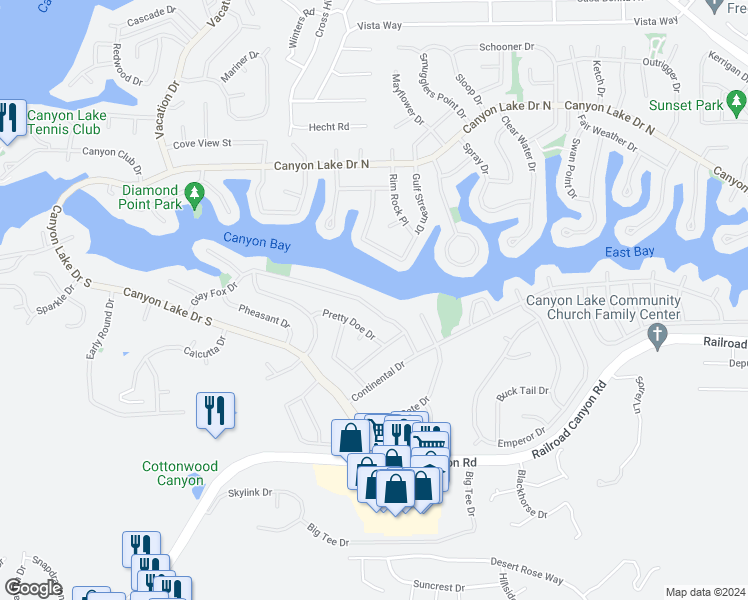 map of restaurants, bars, coffee shops, grocery stores, and more near 23180 Gray Fox Drive in Canyon Lake