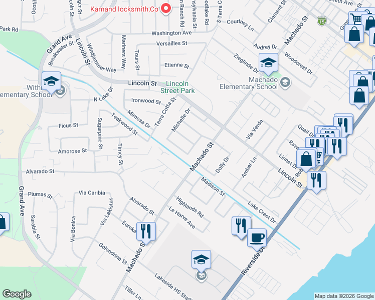map of restaurants, bars, coffee shops, grocery stores, and more near 15074 Danielle Way in Lake Elsinore