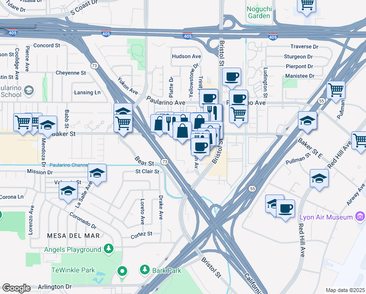 map of restaurants, bars, coffee shops, grocery stores, and more near 2972 Century Place in Costa Mesa