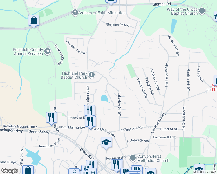 map of restaurants, bars, coffee shops, grocery stores, and more near 1059 Green Valley Drive Northwest in Conyers