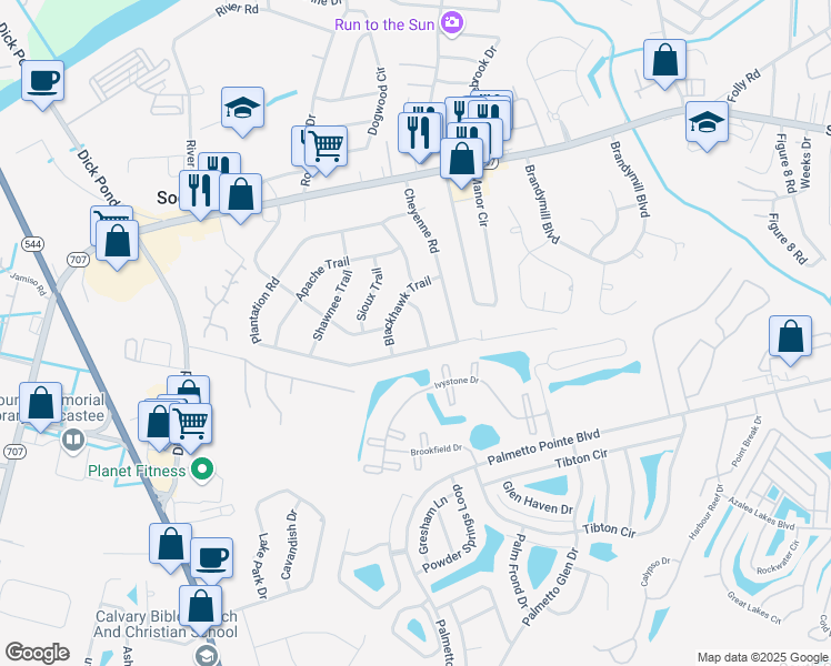 map of restaurants, bars, coffee shops, grocery stores, and more near 8 Catawba Trail in Myrtle Beach
