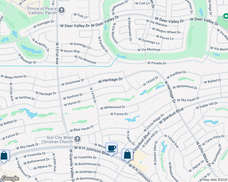 map of restaurants, bars, coffee shops, grocery stores, and more near 14515 West Sentinel Drive in Sun City West