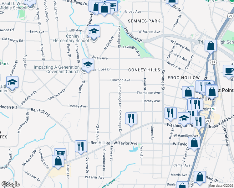 map of restaurants, bars, coffee shops, grocery stores, and more near 2013 Thompson Avenue in East Point