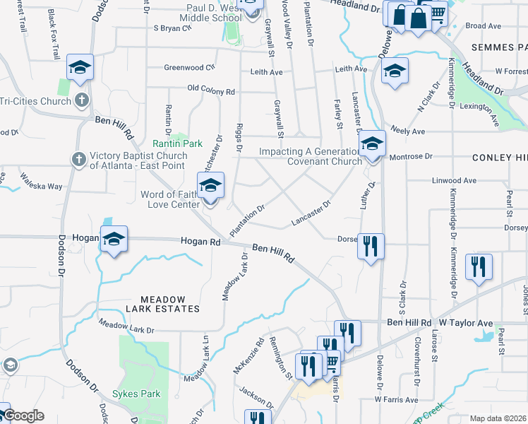 map of restaurants, bars, coffee shops, grocery stores, and more near 2787 Plantation Drive in East Point